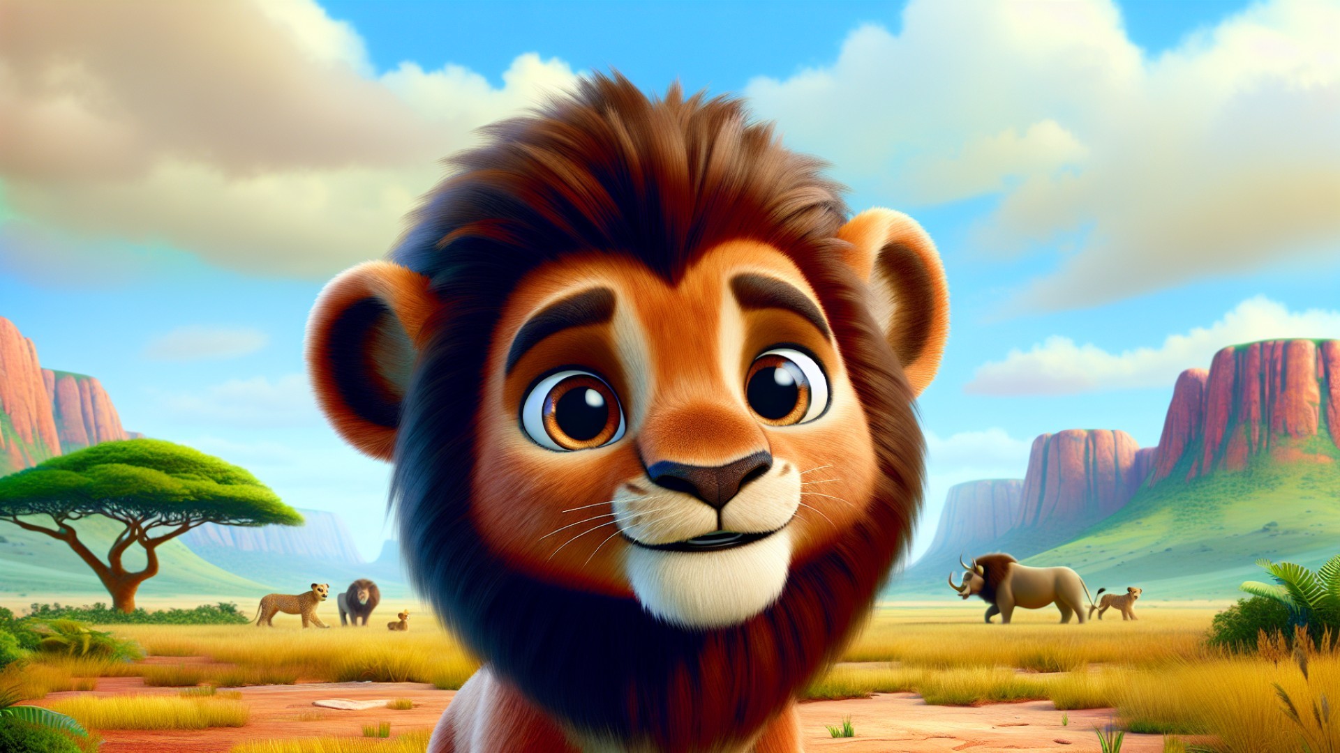 On the vast African savanna, there was a little lion named Xiaoyongshi. He had a mane of brown hair, large and bright eyes, and his face always bore an expression of curiosity.