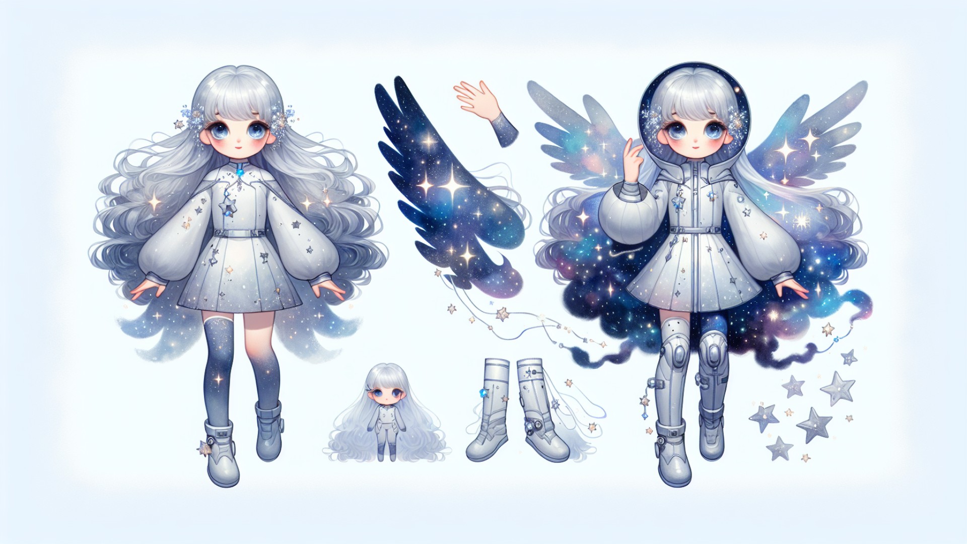 Xiaoxing has silver skin and a pair of starry eyes. Her hair seems like a gentle flowing galaxy, glittering as she moves.