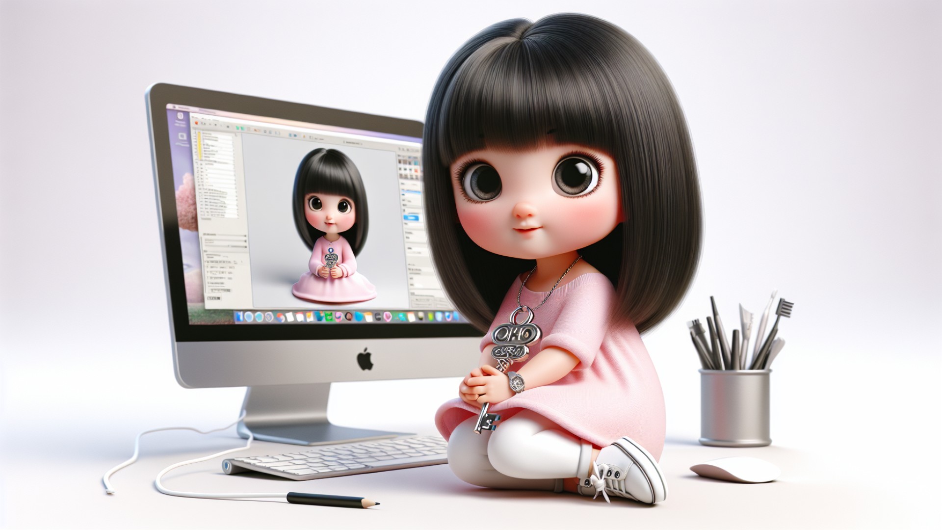 Xiaomi has a pair of big round eyes and long, shiny black hair. She likes to wear a pink dress paired with white little shoes.