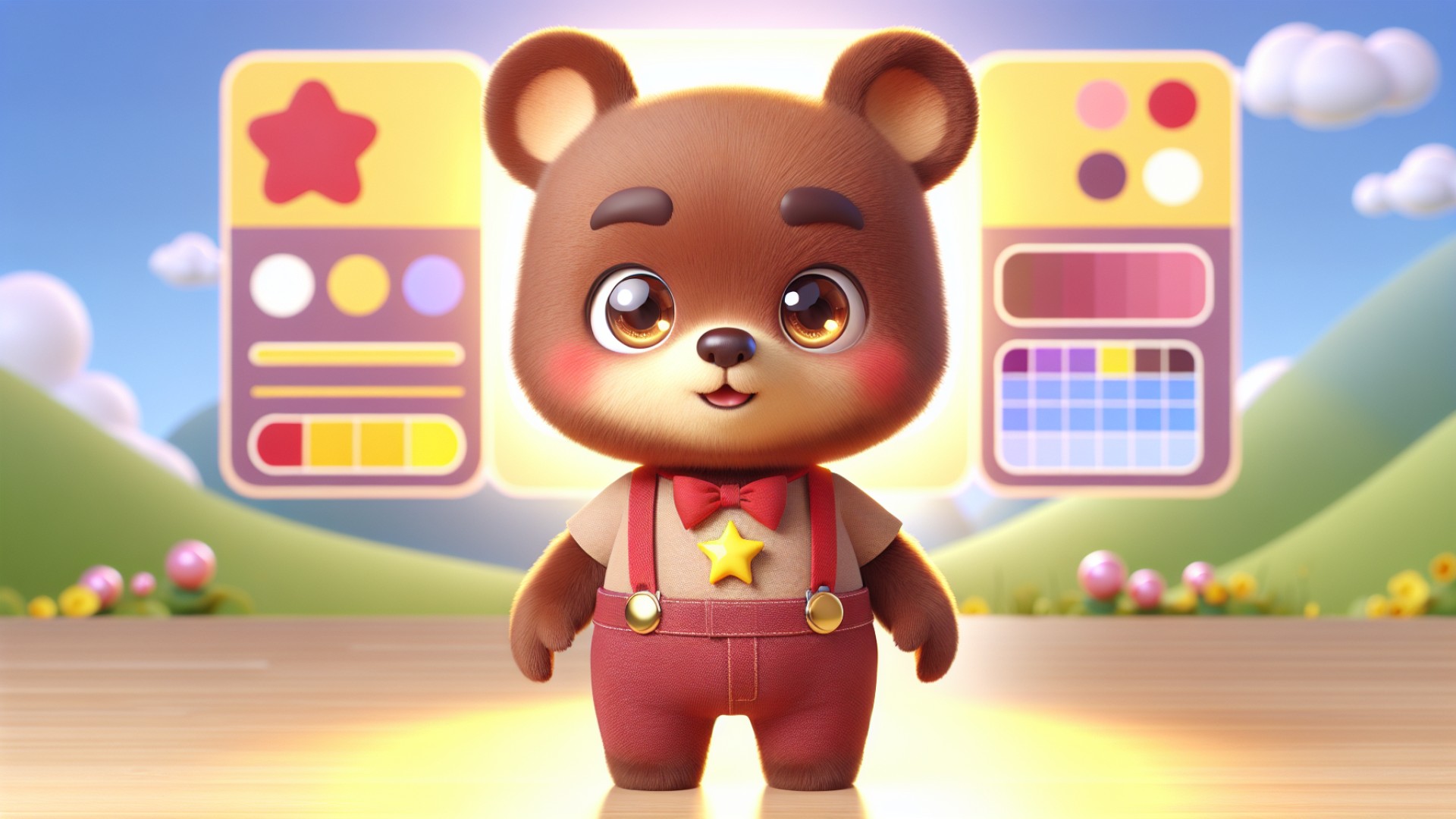 Kiki Bear has brown fur and big eyes, with rounded ears.