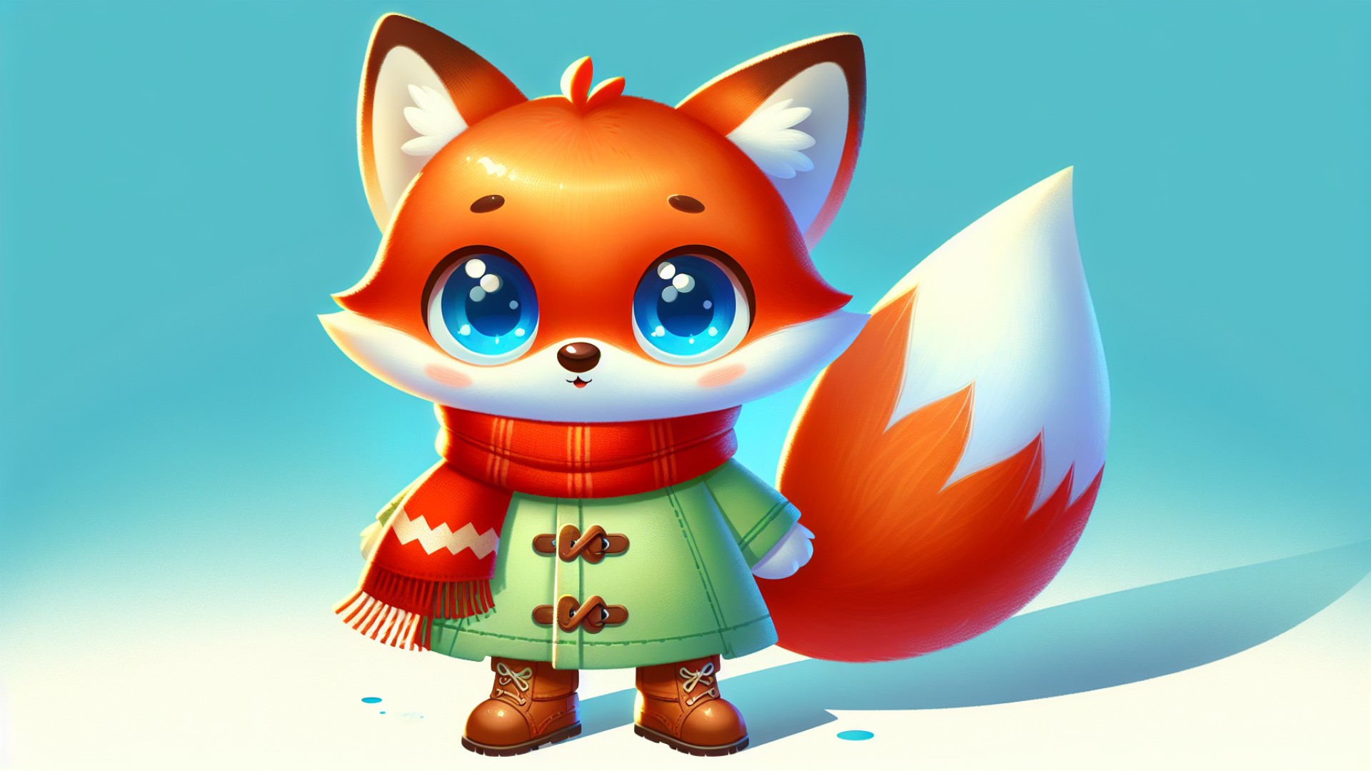 The little fox has blue eyes and orange-red fur.