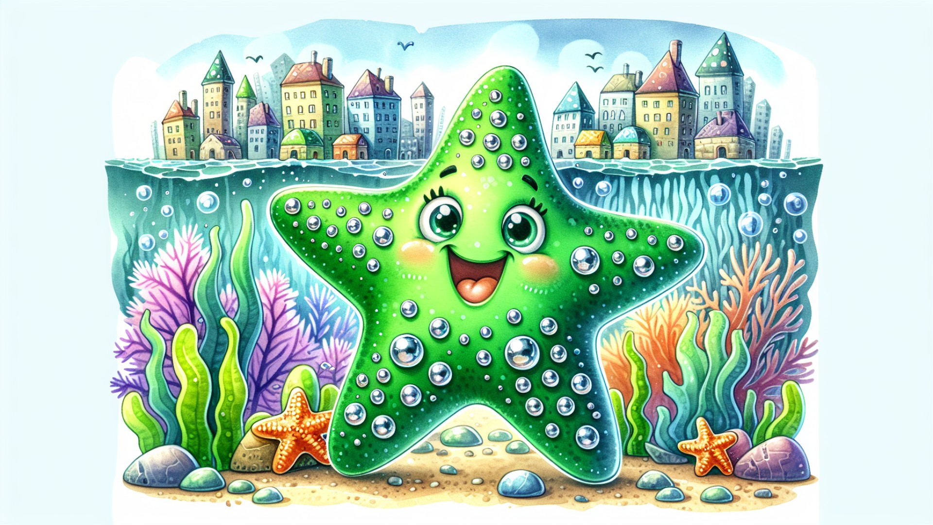 Little Starfish A-Star is a green starfish with shiny silver spots on his body. He lives in this underwater city, leading a happy life.