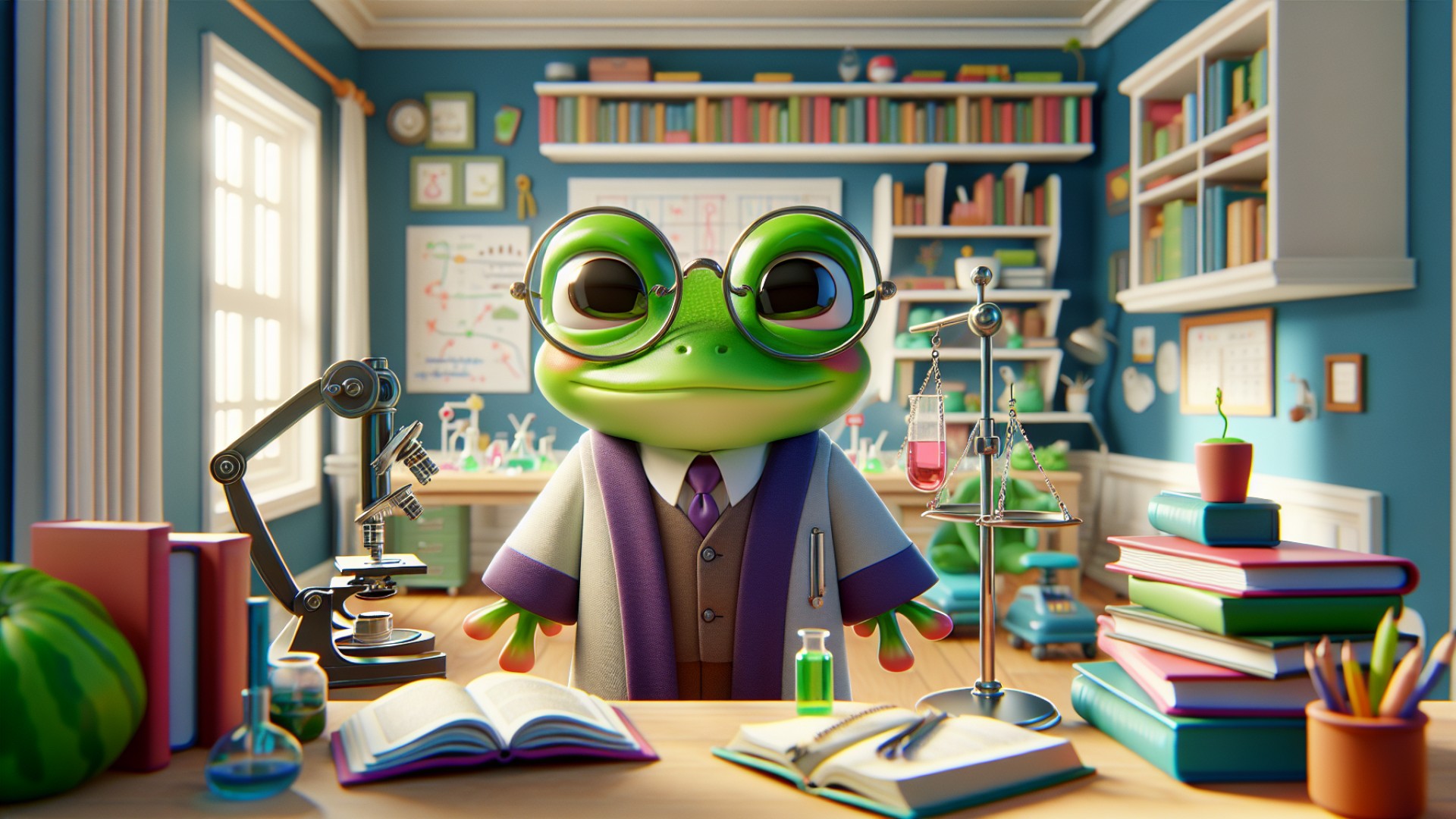 Dr. Frog loves learning very much, and his home is filled with various books and experimental equipment.