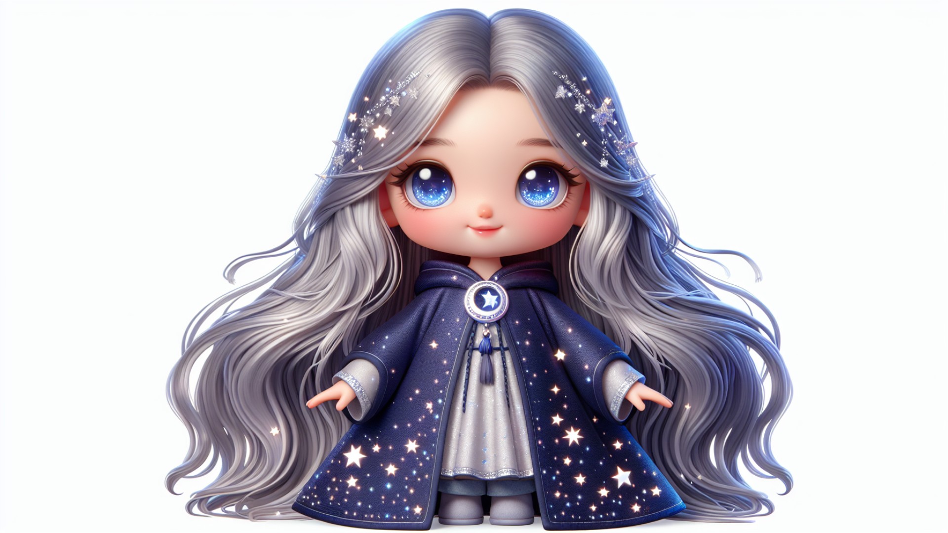 She has a deep blue silk cloak adorned with shiny silver star patterns, and she always wears a sparkling star-shaped pendant around her neck.