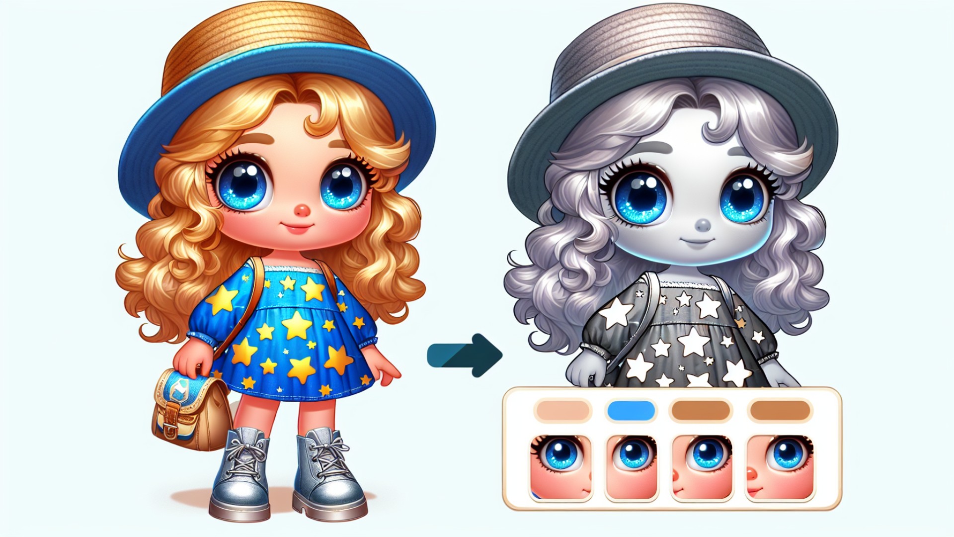 She always wears a blue dress with star patterns, paired with silver little boots and a cute straw hat.