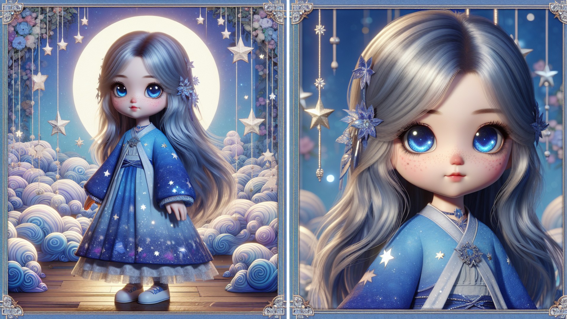 Yue'er is a lovely little girl with long, silver hair that shines like moonlight, and her deep blue eyes sparkle with wisdom.