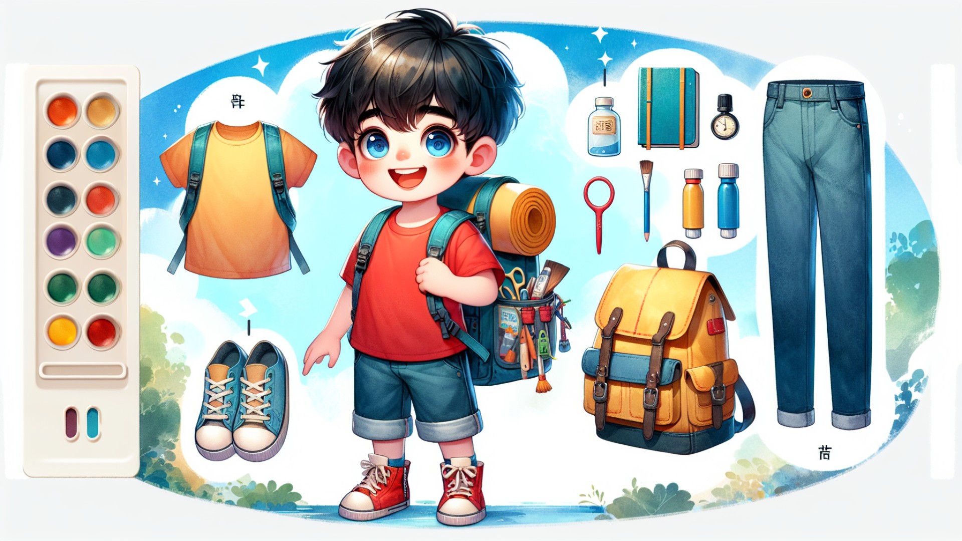 Wearing white sneakers that are easy to move in, carrying a large yellow backpack filled with various gadgets and snacks, always ready to start his magical adventure.