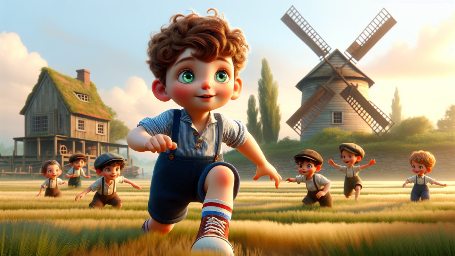 One morning, the sun bathed the windmill village, and Xiaofeng and his friends were playing in the fields.