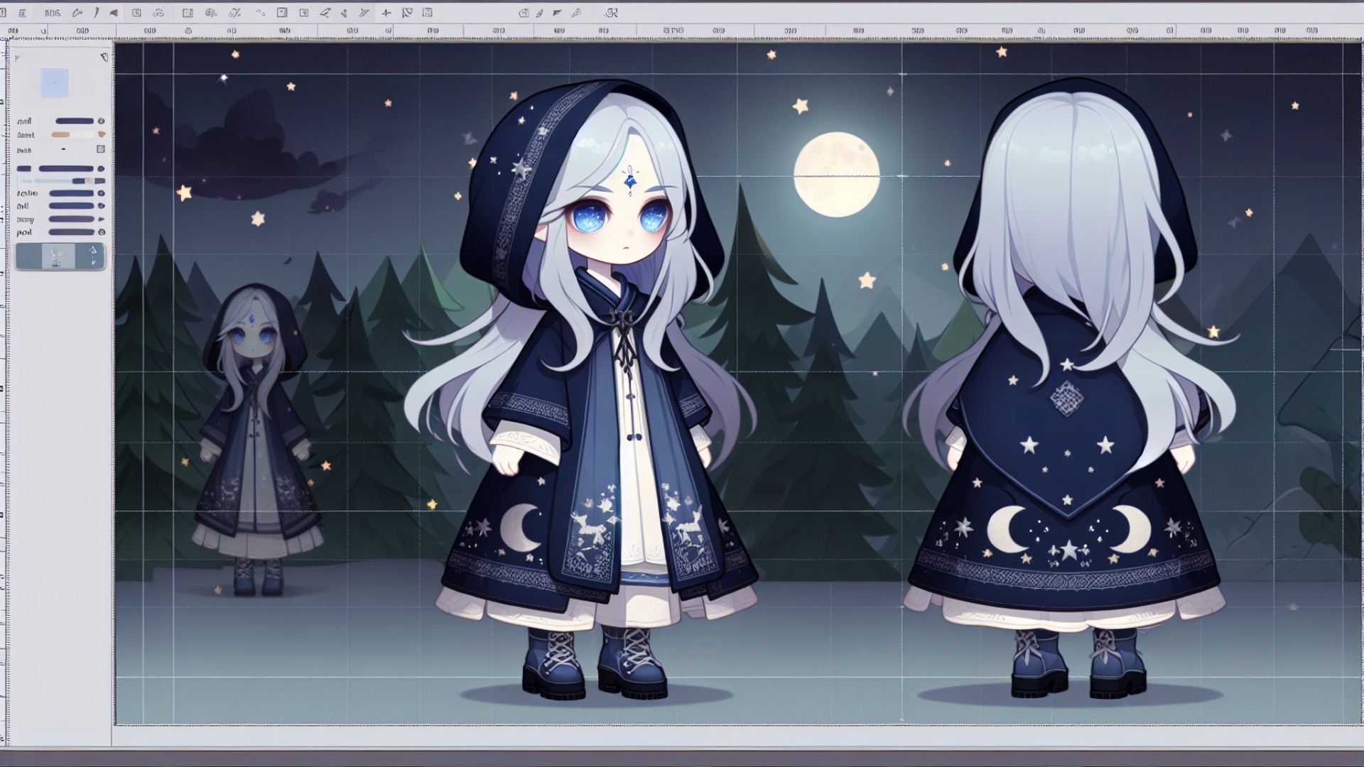 Xiaoyue always wears a dark blue cloak embroidered with silver stars and moon patterns, paired with a pair of silver boots, becoming the night guardian of Star Valley.