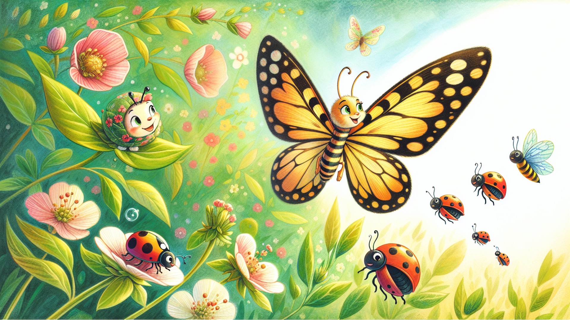 The little butterfly flew along the edge of the garden and met many friends. The little ladybug told her, 