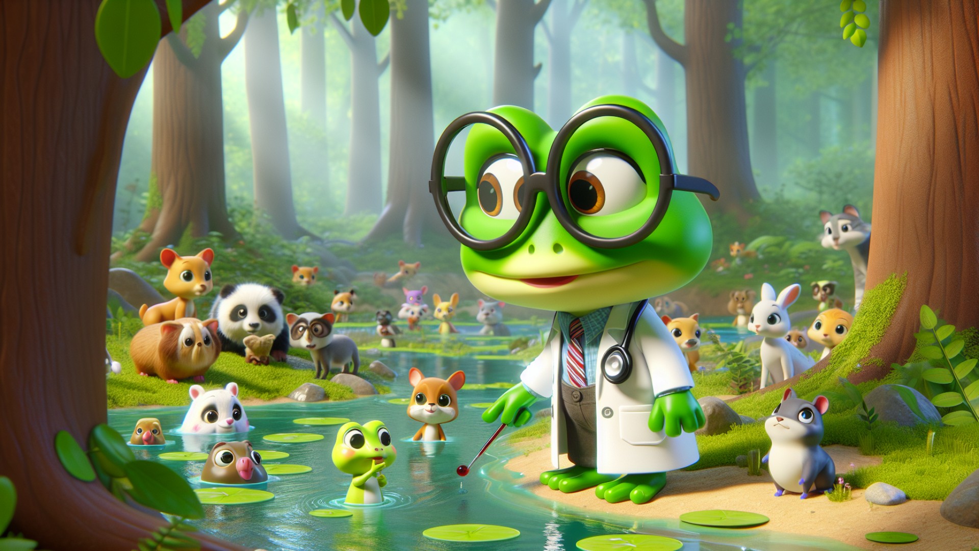 One day, Dr. Frog heard that the river in the forest was getting dirtier and the small animals were all getting sick.