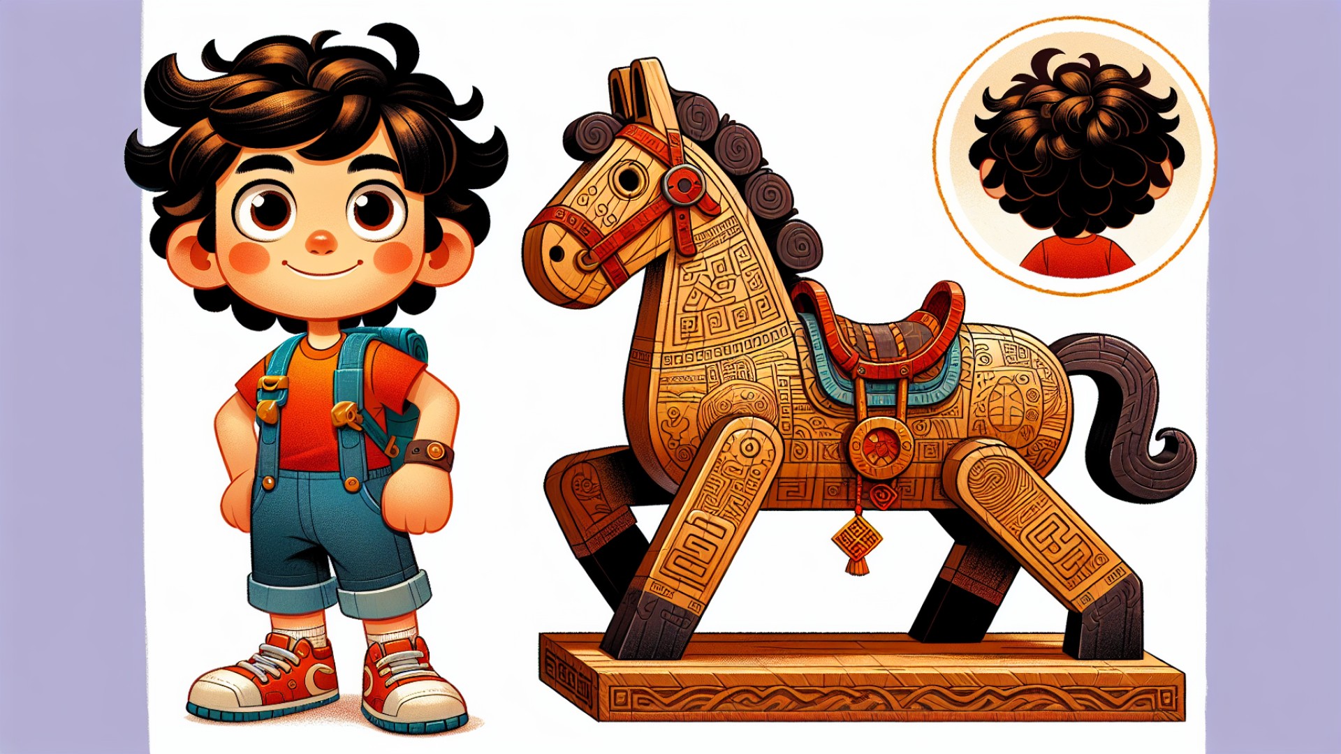 This wooden horse looks very special, with intricate patterns and mysterious symbols carved on it.