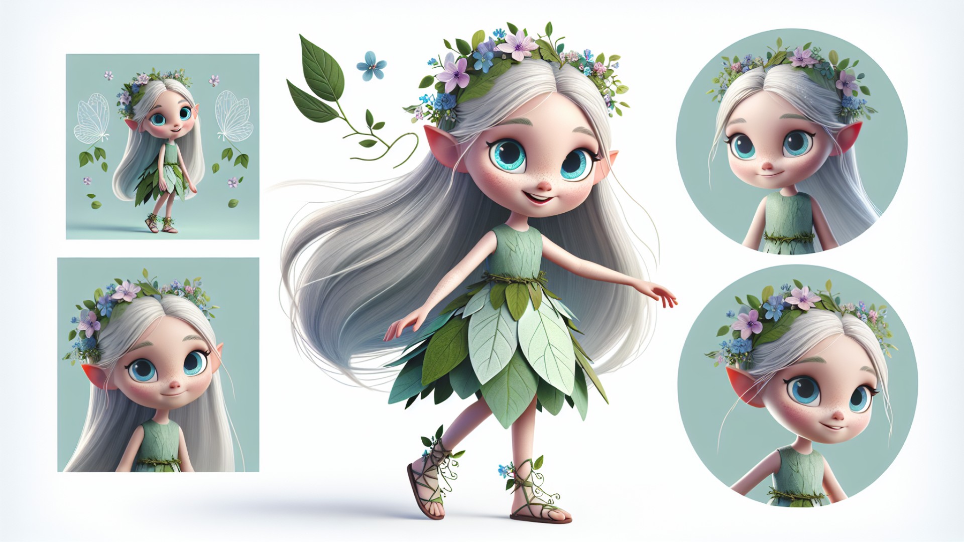 Lottie is wearing a light green dress made of leaves, with a flower vine belt around her waist, and on her feet are lightweight shoes woven from petals.