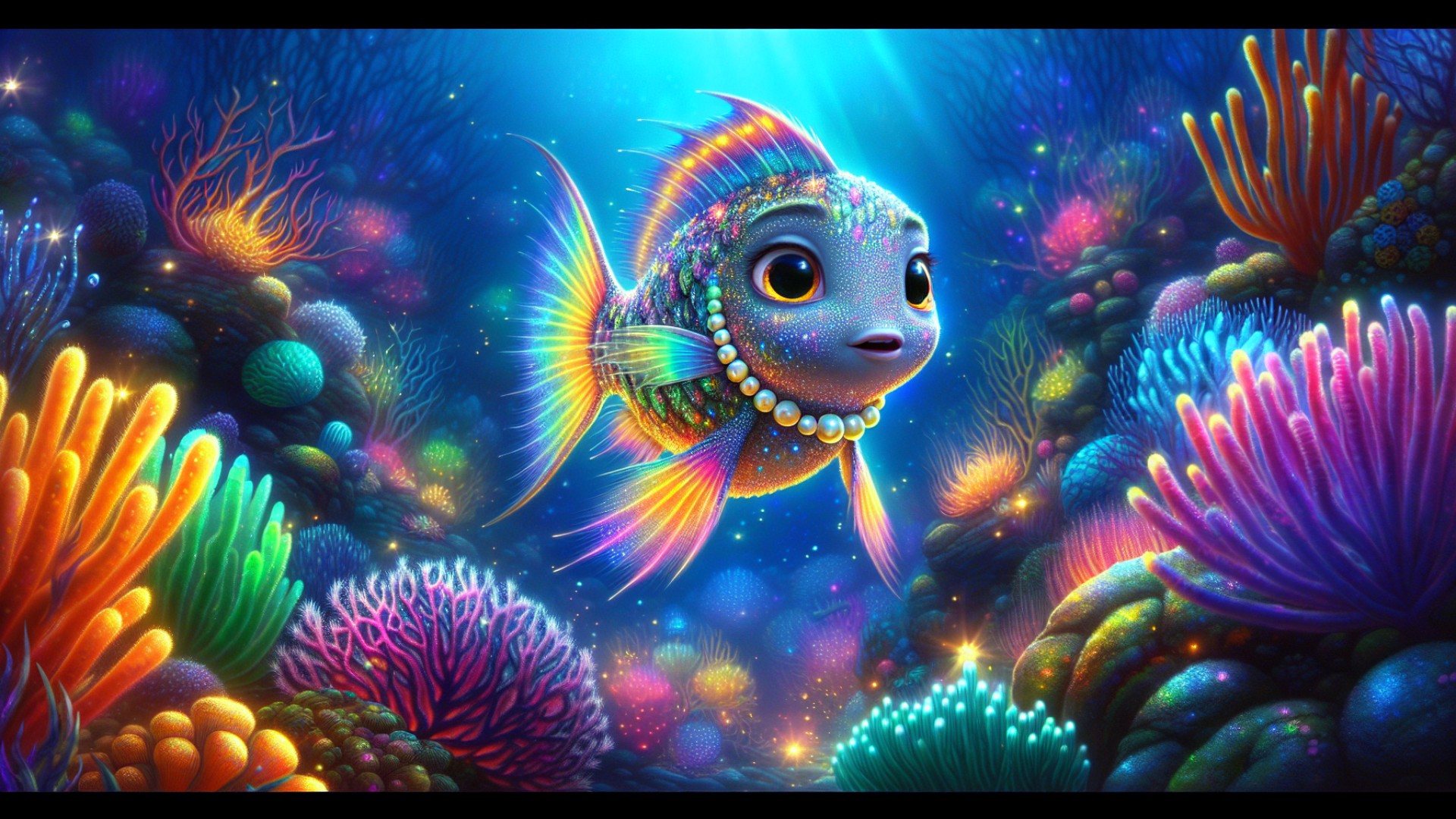 Little Hai began her journey. First, she came to an area filled with colorful corals.