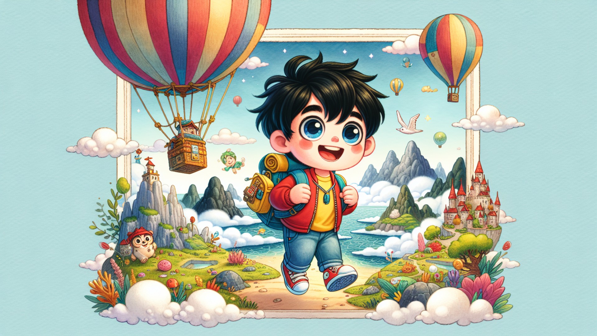 The balloon carried Xiao Le over mountains and seas, through clouds, and arrived at a mysterious island. This island was home to various magical creatures and plants.