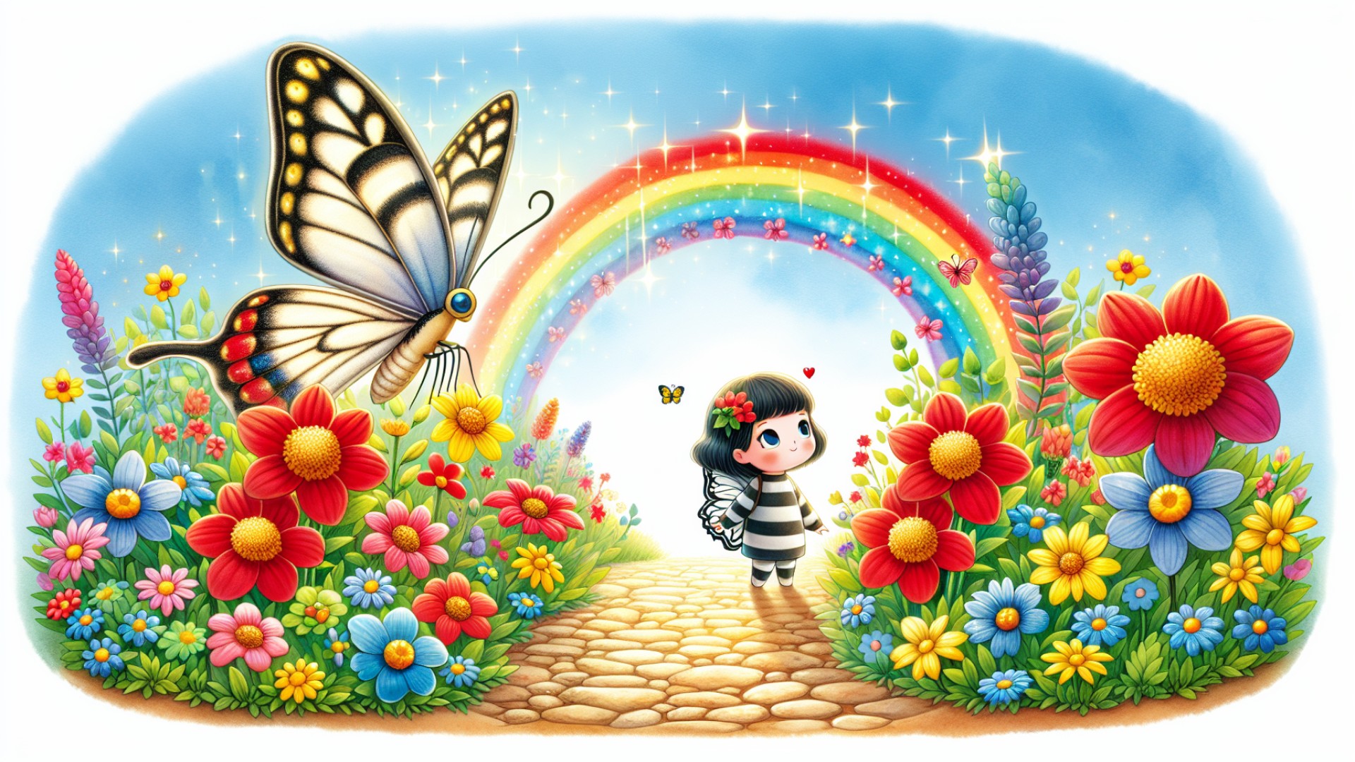 Finally, Little Flower Butterfly found this legendary spring path. On both sides of the path were blooming vibrant flowers she had never seen before, red, yellow, and blue, dazzling like a rainbow.