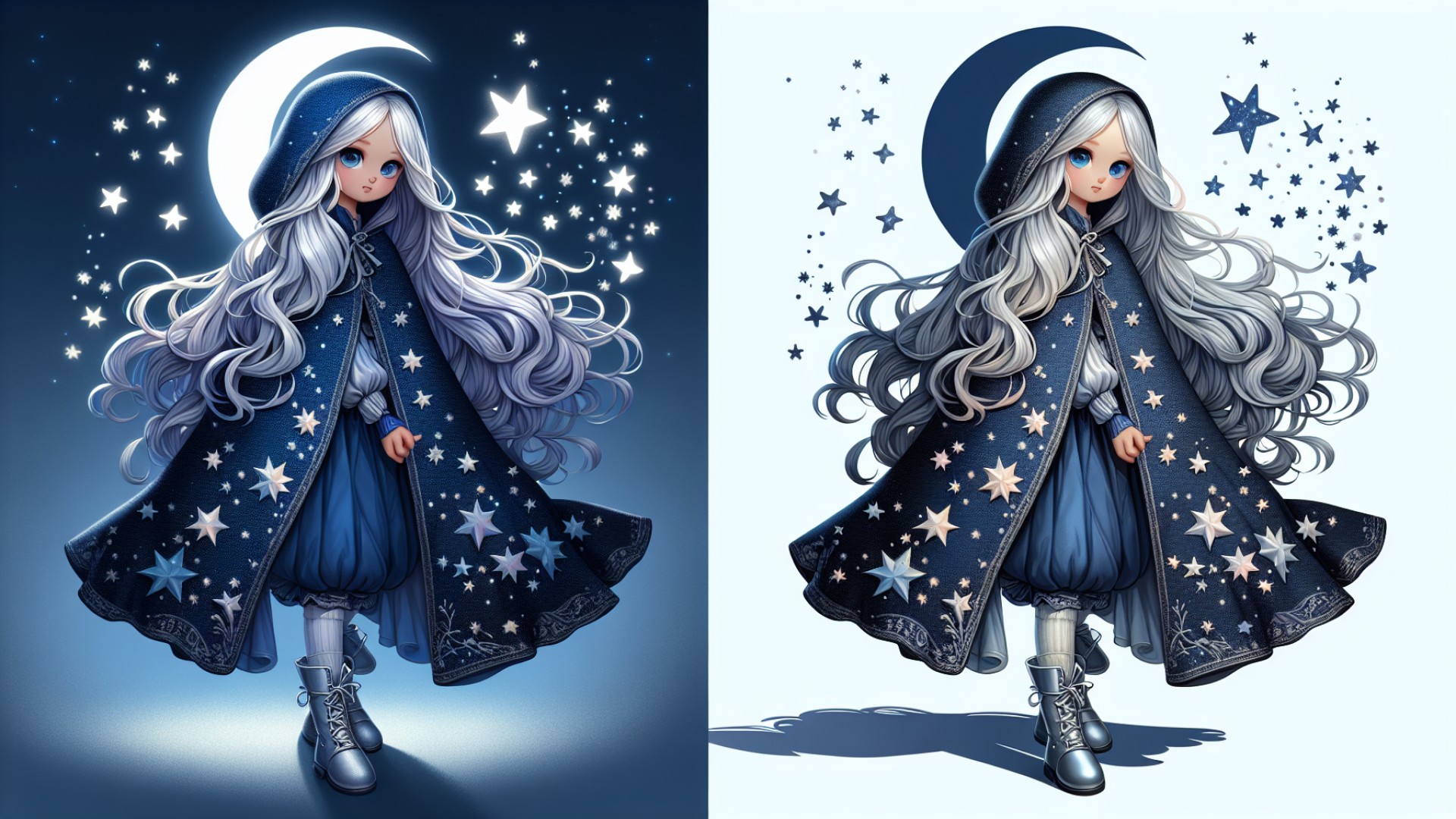 Moonlight cascaded over her cloak, with silver stars and the moon shimmering in the night, guiding her way forward.