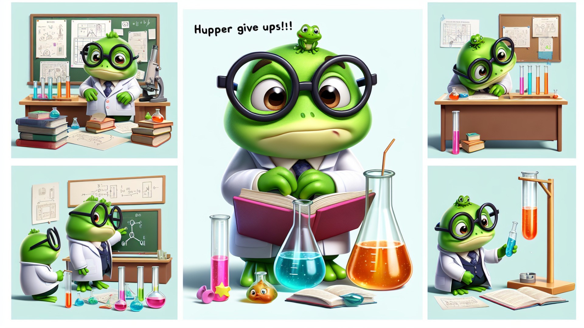 Day after day, Dr. Frog continually failed in his experiments, but he never gave up; each failure only taught him more.