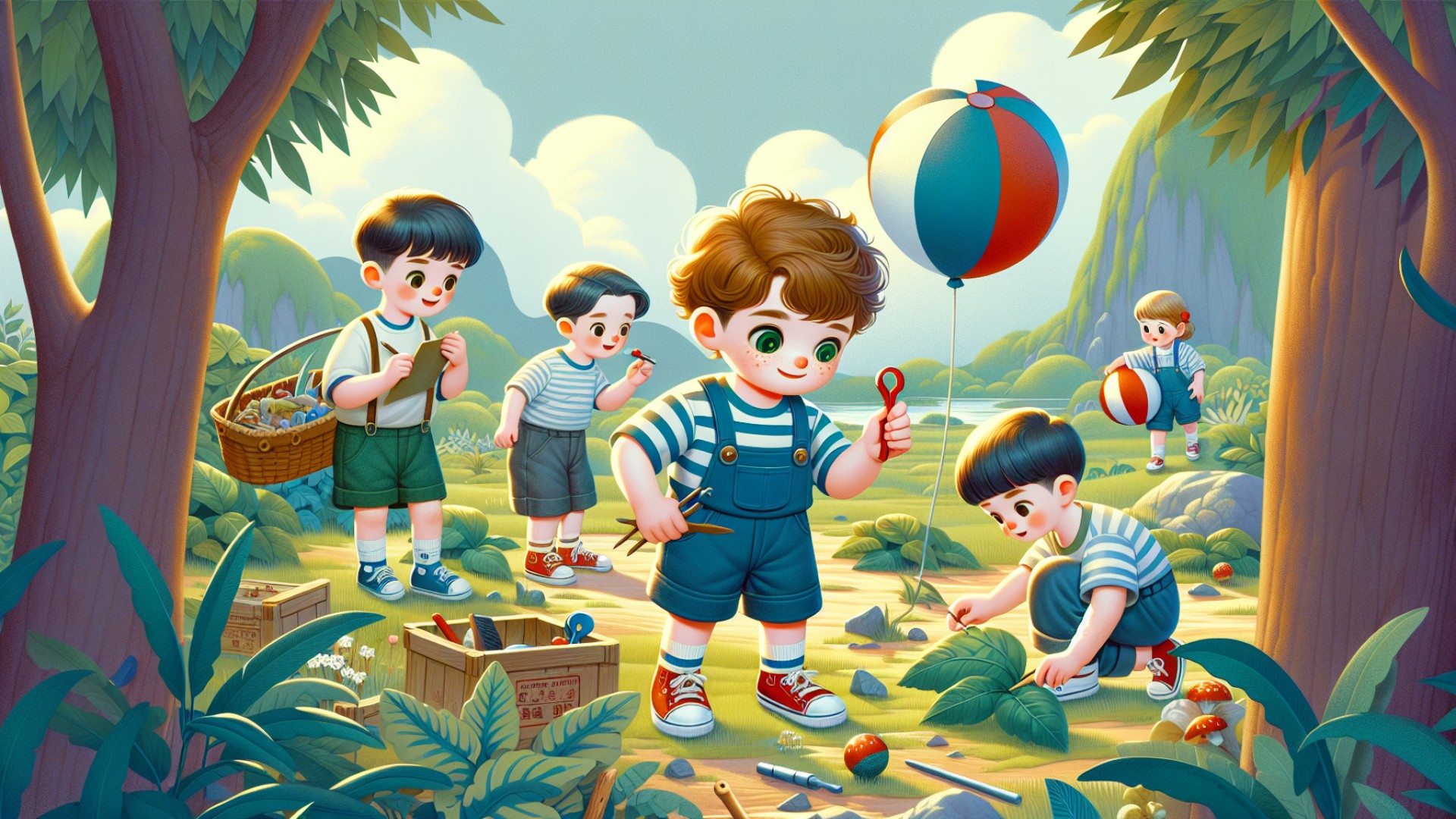 They divided the work among themselves: Xiao Feng was responsible for finding tools, Xiao Hua picked many durable large leaves, and Xiao Qiang and Xiao Hong carefully checked the balloon for holes with their hands.