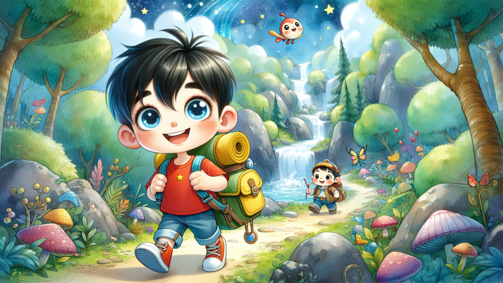 Xiao Le was full of excitement about this new world, and he decided to explore this magical place with Xiao Dudu. They walked through a forest and discovered a winding little river.