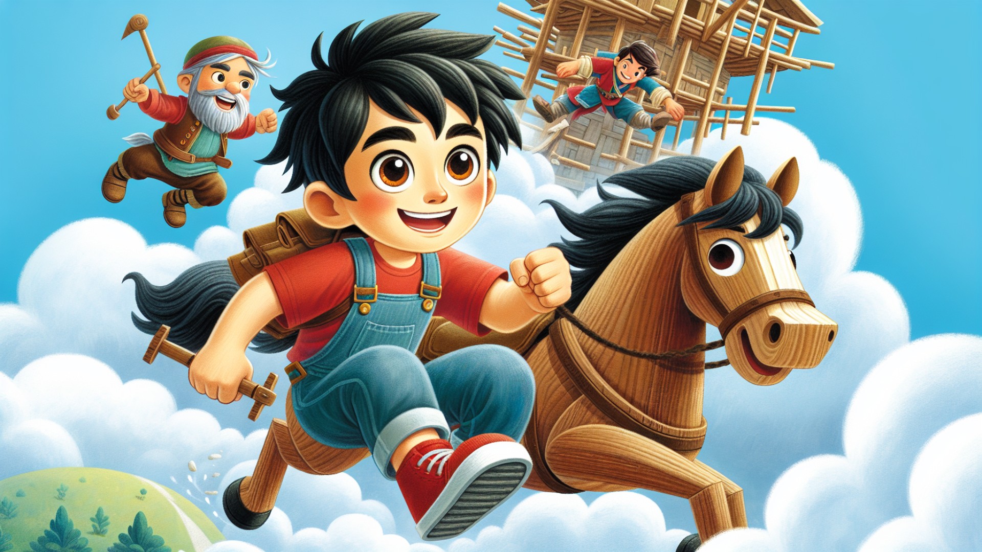 In an instant, the wooden horse began to fly, carrying Xiao Qi through the clouds to a strange land.