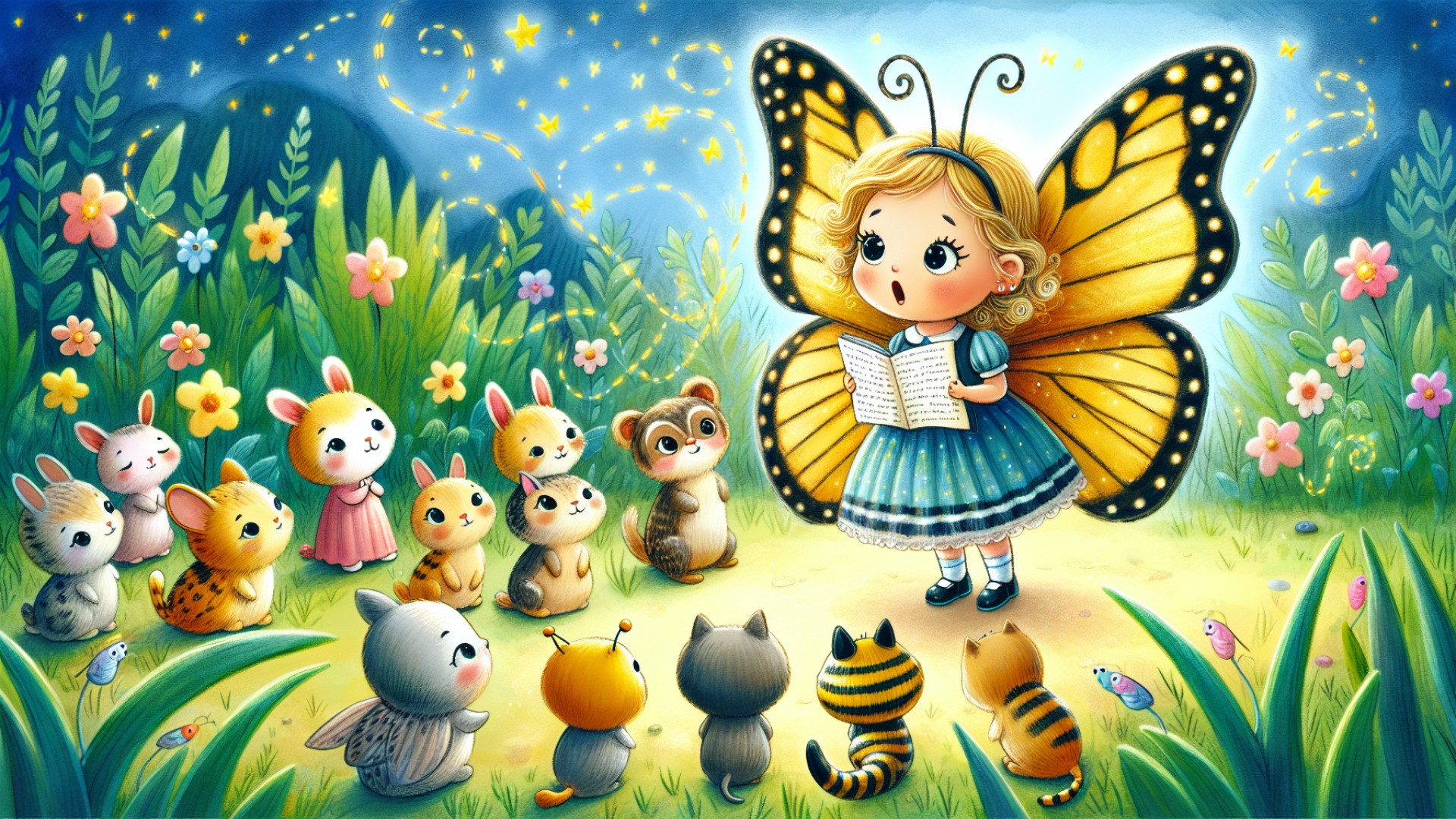 After returning to the garden, the little butterfly told her adventure story to each small animal. Everyone marveled at her courage and perseverance.