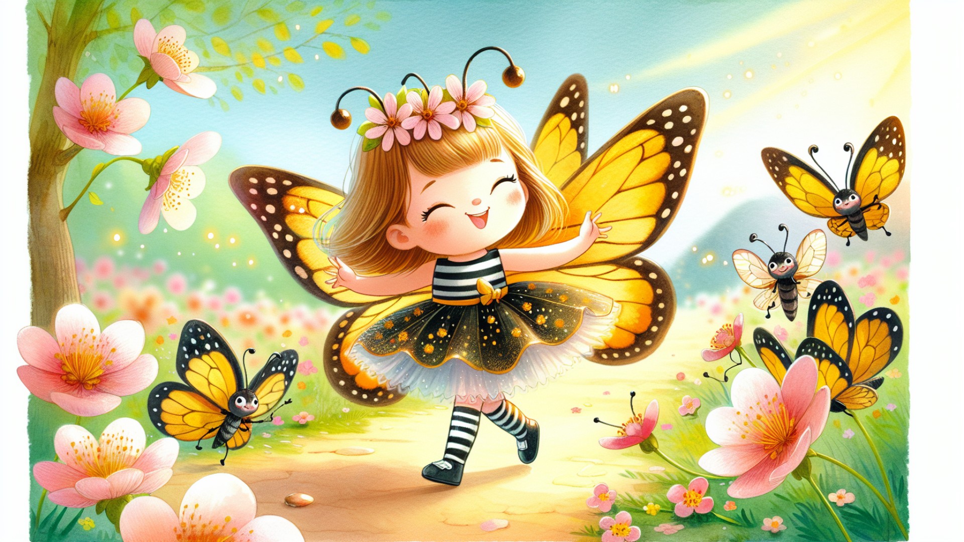 From then on, the little butterfly and her friends danced together on the beautiful spring path, enjoying the spring sunshine and nectar, living a happy and joyful life.