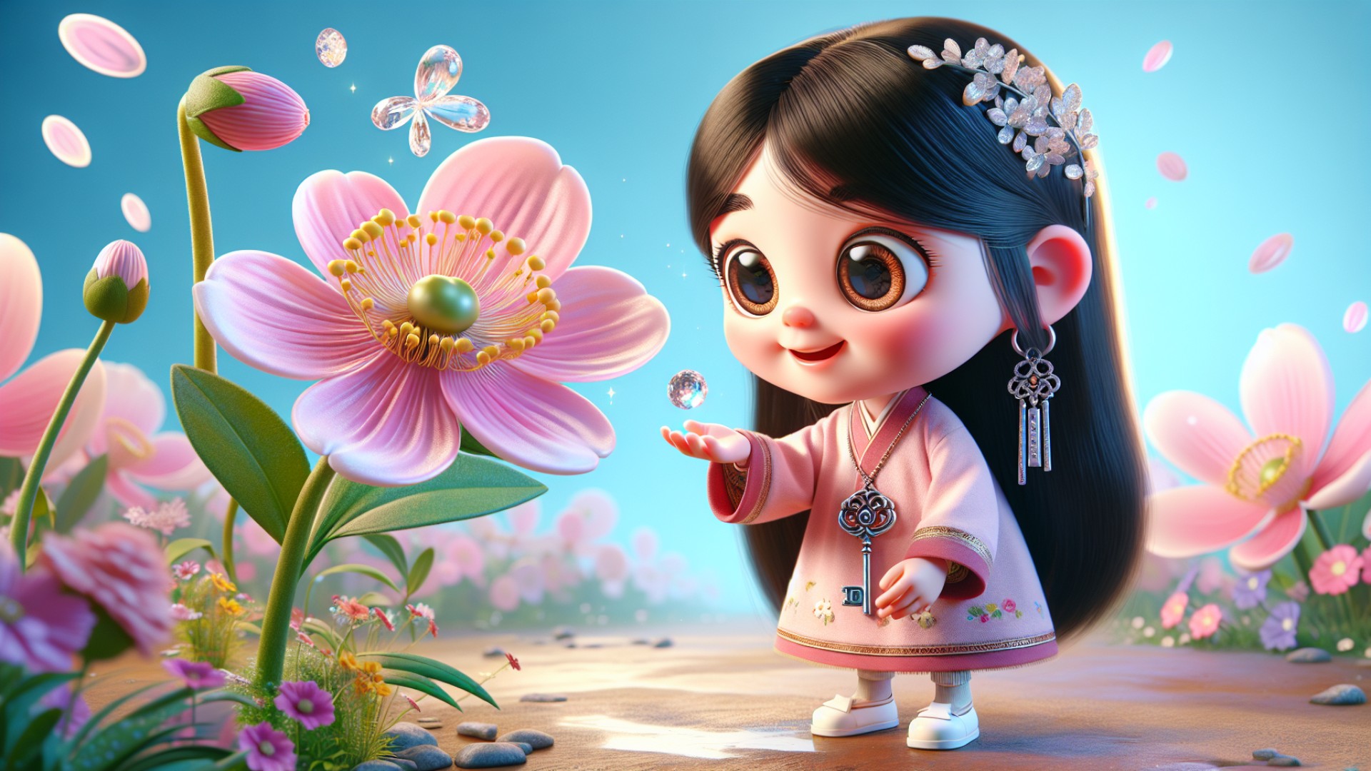 Xiaomi carefully picked the flower, and the little flower smiled at her and thanked her for her kindness. The crystal then gently fell into her palm.