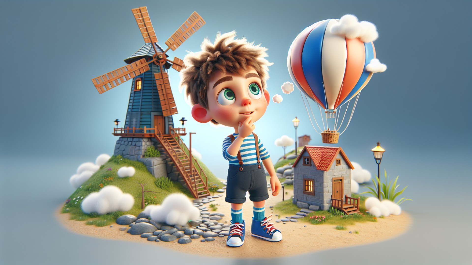 He thought that the windmills in the village could always capture the wind, and maybe he could use the mechanism of the windmill to make the balloon ascend again.