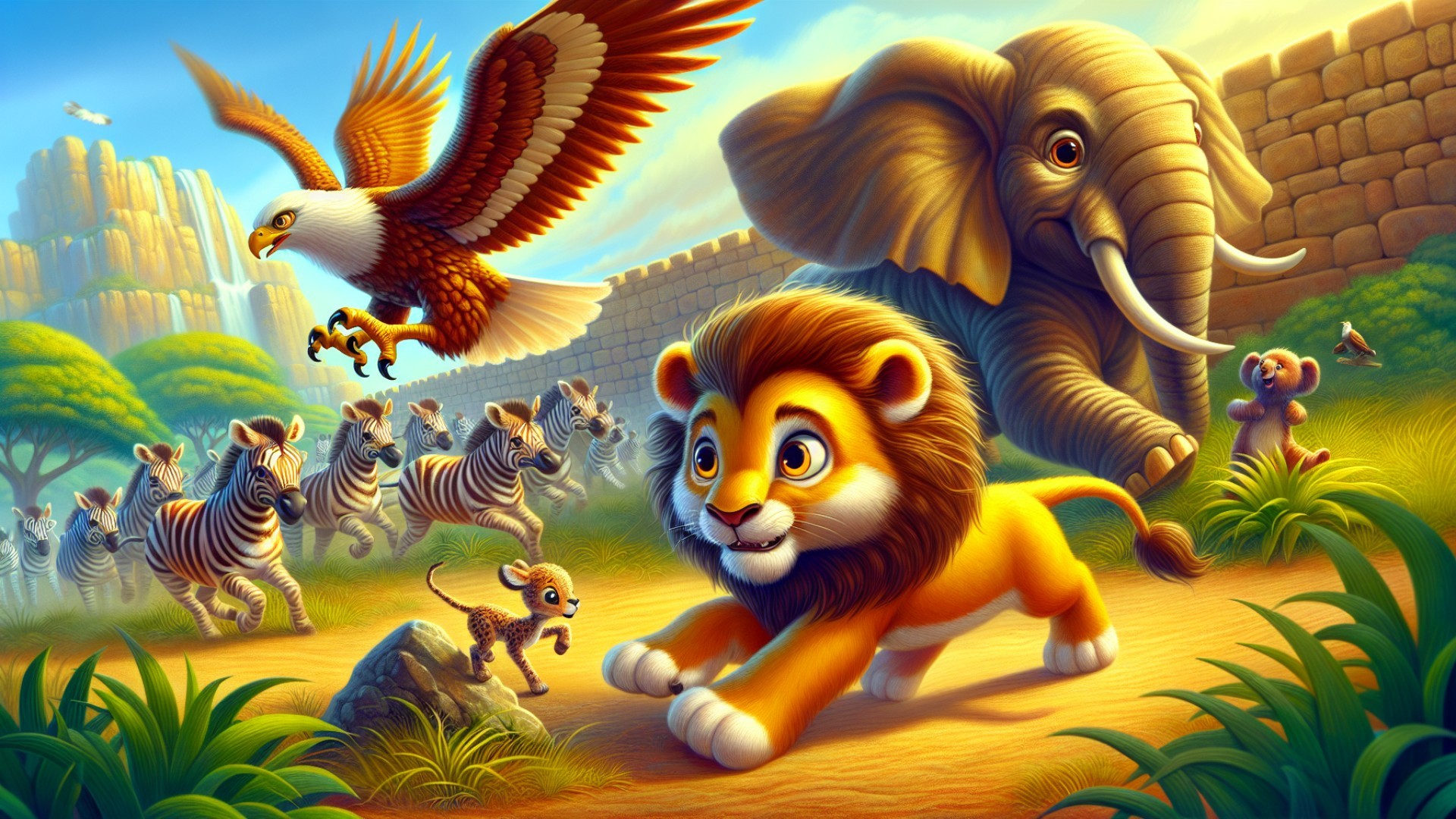 The little zebra quickly ran, diverting the eagle's attention. The baby elephant used its long trunk to pick up a stone and throw it at the eagle.