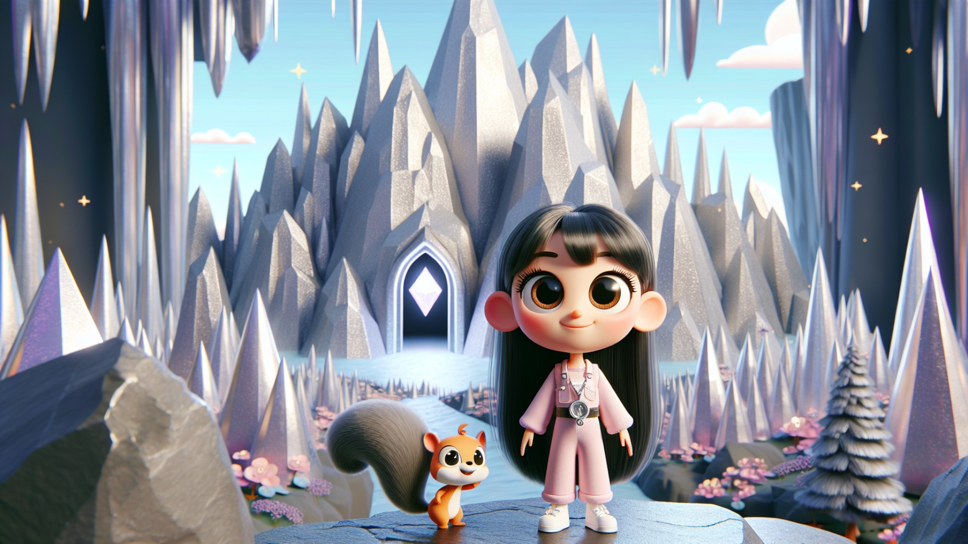 Finally, following the guidance of the little squirrel, Xiaomi arrived at a towering silver mountain range. At the peak, there was a shimmering cave, and deep within the cave was hidden the last piece of the magic crystal.