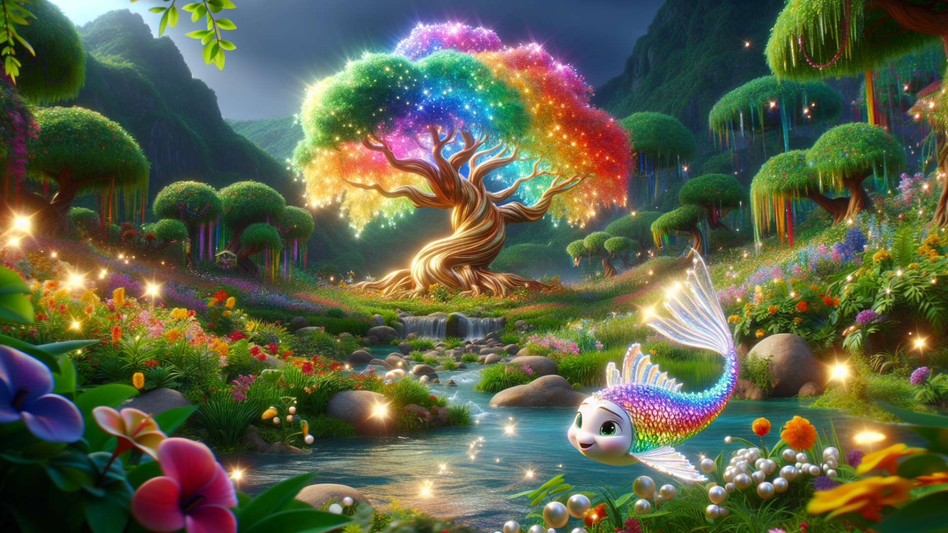 In the garden, Xiao Hai saw a tree shining with seven-colored light, which was the rainbow tree she was looking for.