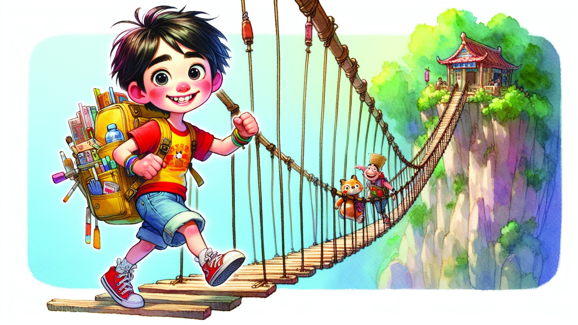 In another challenge, they needed to cross a wobbling suspension bridge. Xiao Le used his courage to walk across it steadily, step by step.