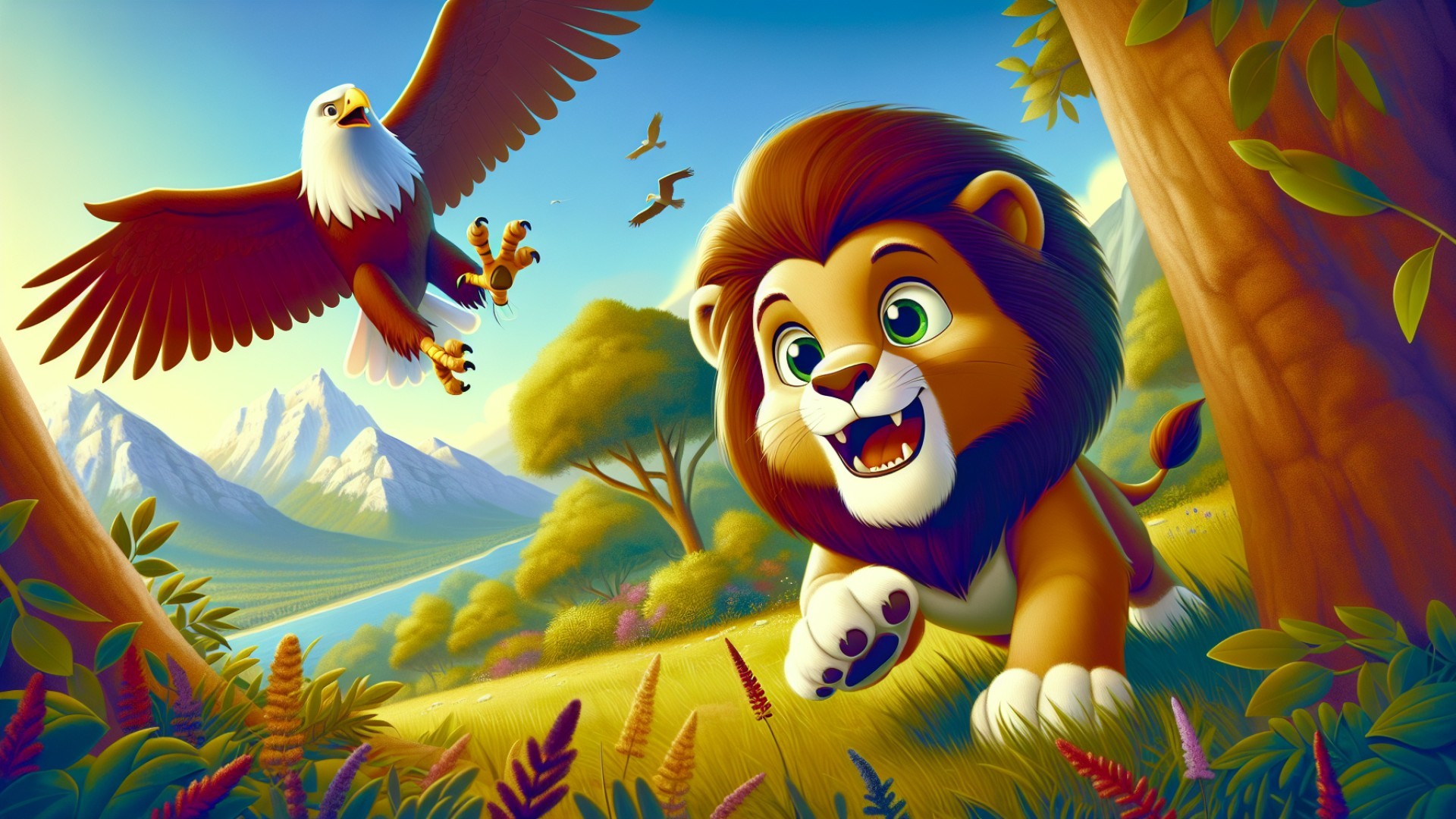 Just as the eagle was being disturbed, the brave young lion jumped out and roared, 