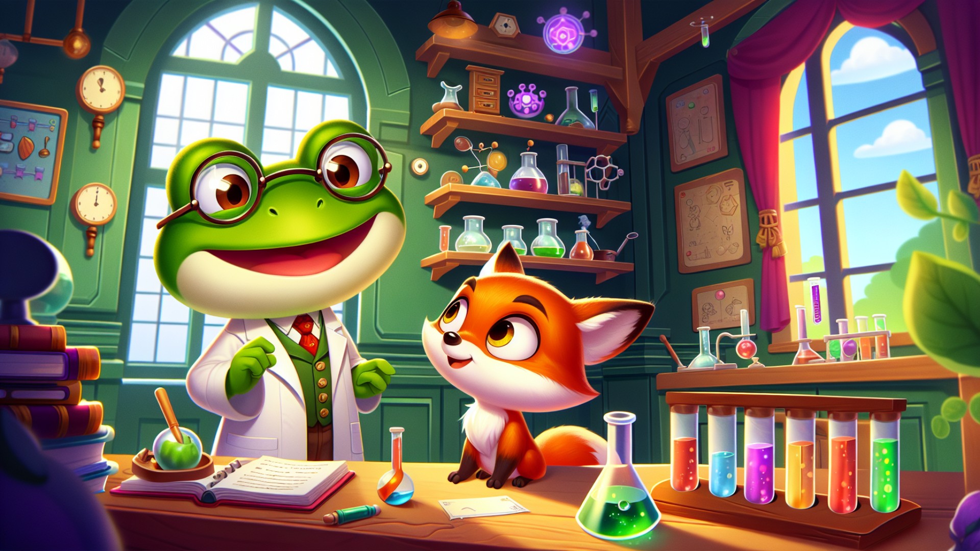 One day, a little fox came to Dr. Frog's laboratory and excitedly said, 