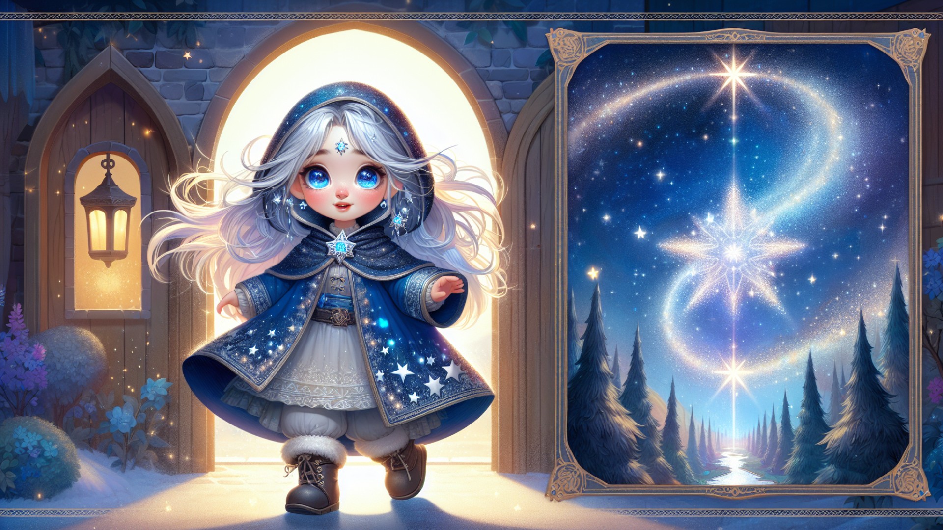 Behind the door was a brilliant starry sky, with stars forming a shining Milky Way that guided Leah forward.