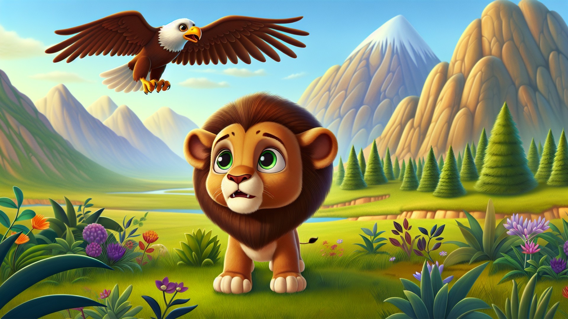 The eagle was startled by the little lion cub's imposing manner and flew away from the valley without a sound. The entire valley returned to tranquility, and the small animals finally felt safe again.