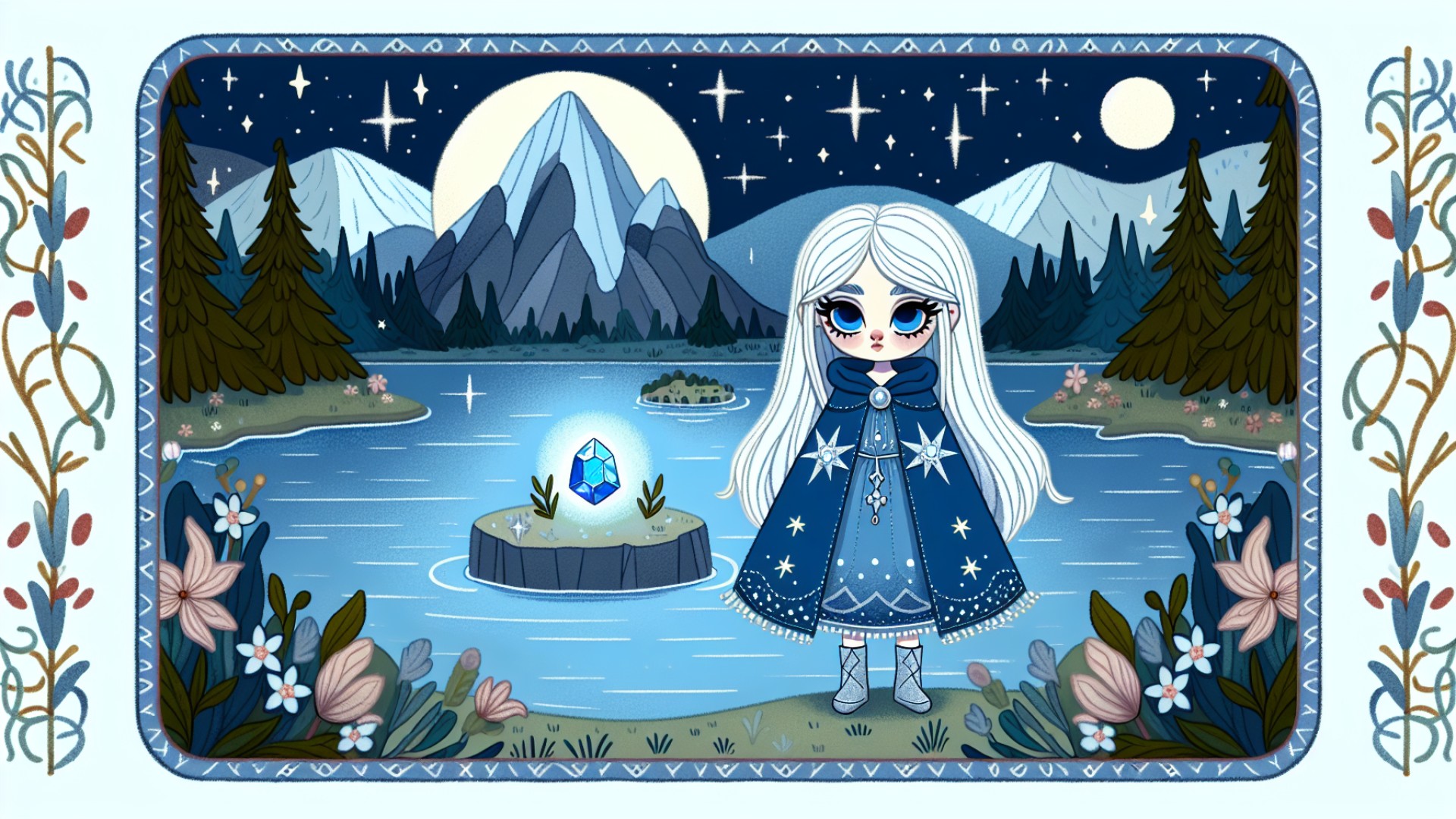 In the middle of the lake, on a small island, there was a sparkling stone. Little Moon knew that it was the meteorite she was looking for.