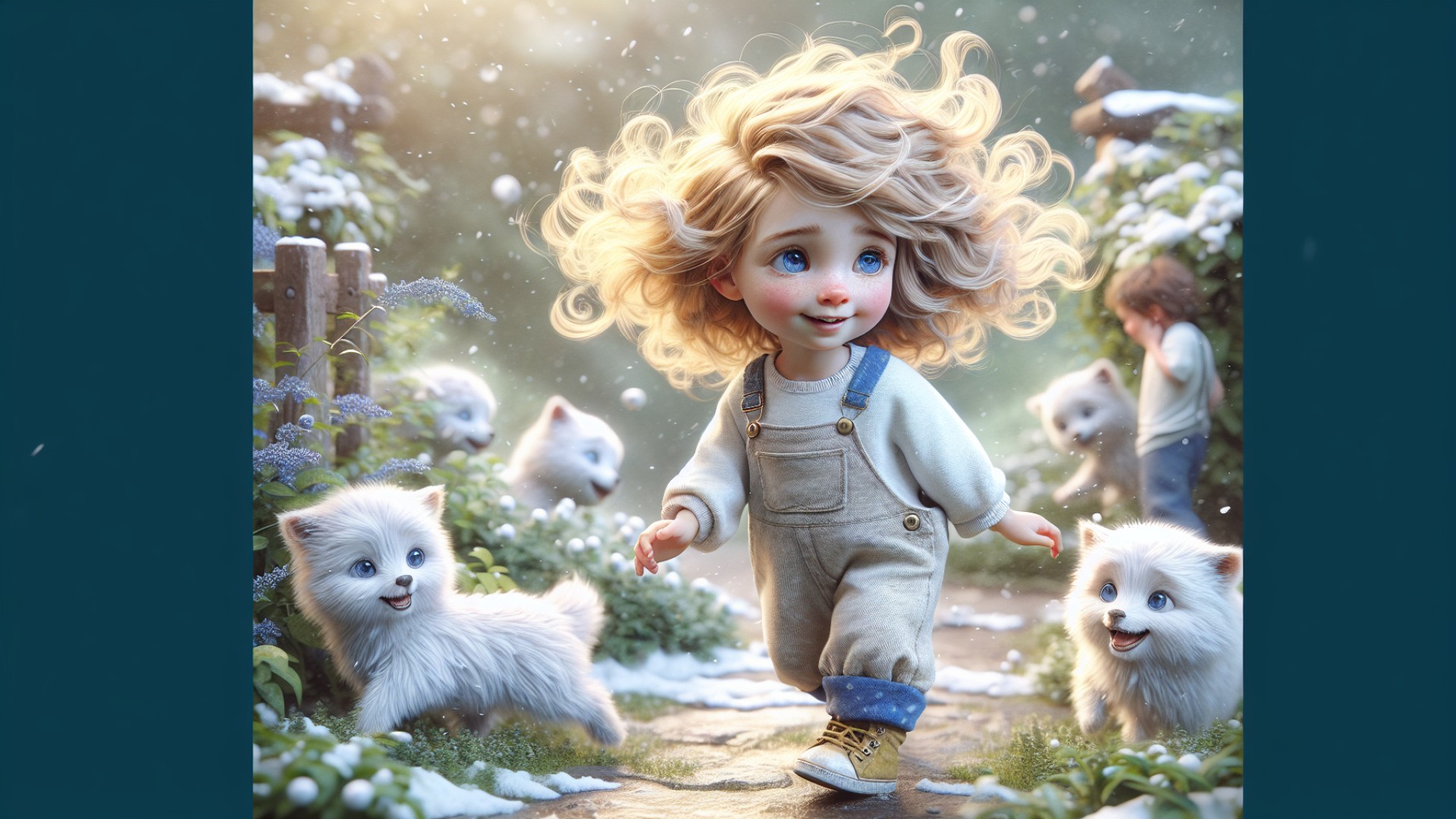 The wind gently blew through Katie's golden curls as she played in the garden with Snowy and Fluffy, her heart filled with warmth and joy.