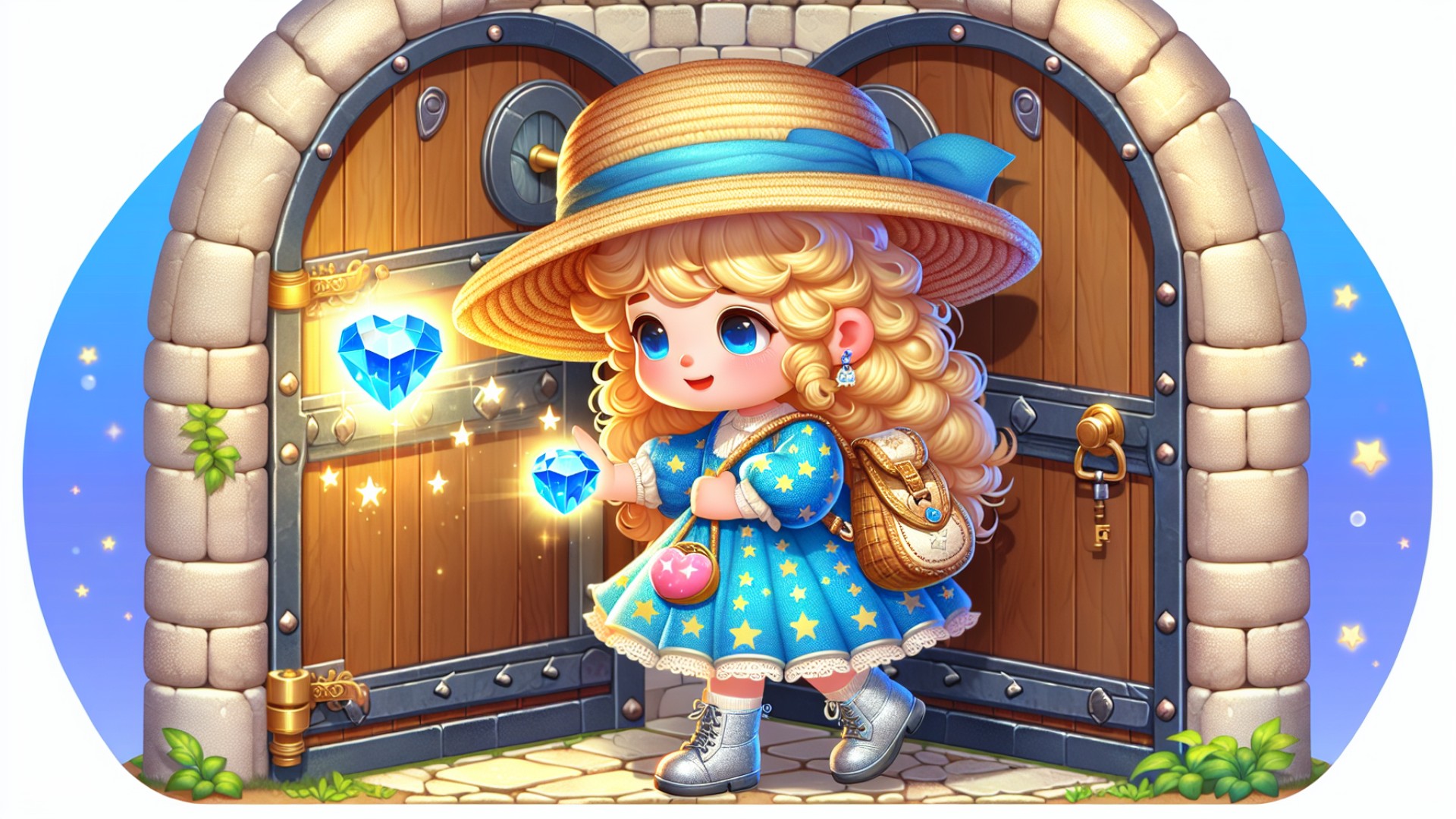 She embedded the three gems into the castle door one by one, and the door opened, revealing an invaluable treasure inside—a heart crystal that could bring eternal happiness to the entire town.