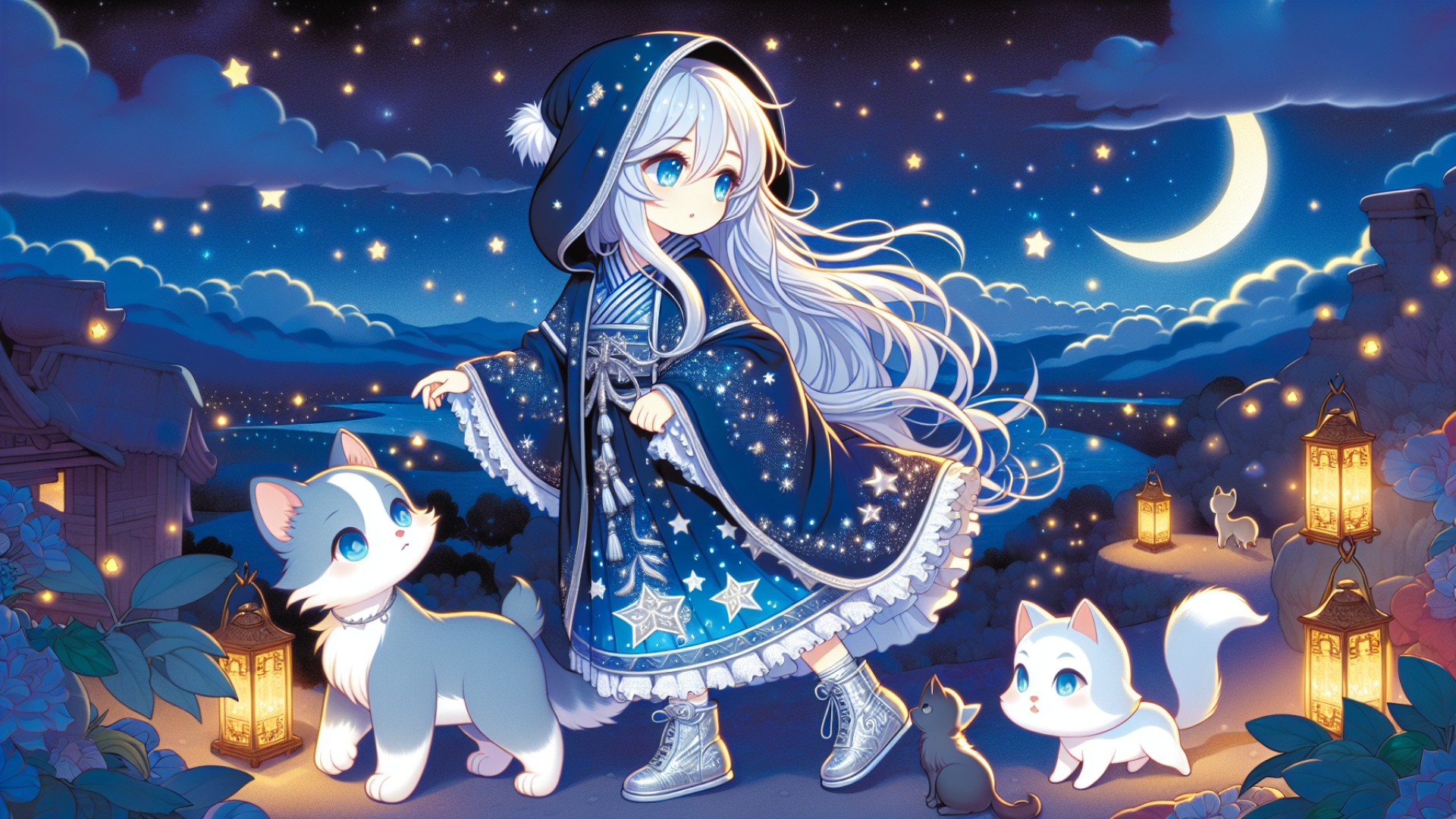 On a starlit night, Xiao Yue and her animal friends played together, their hearts filled with joy and warmth.